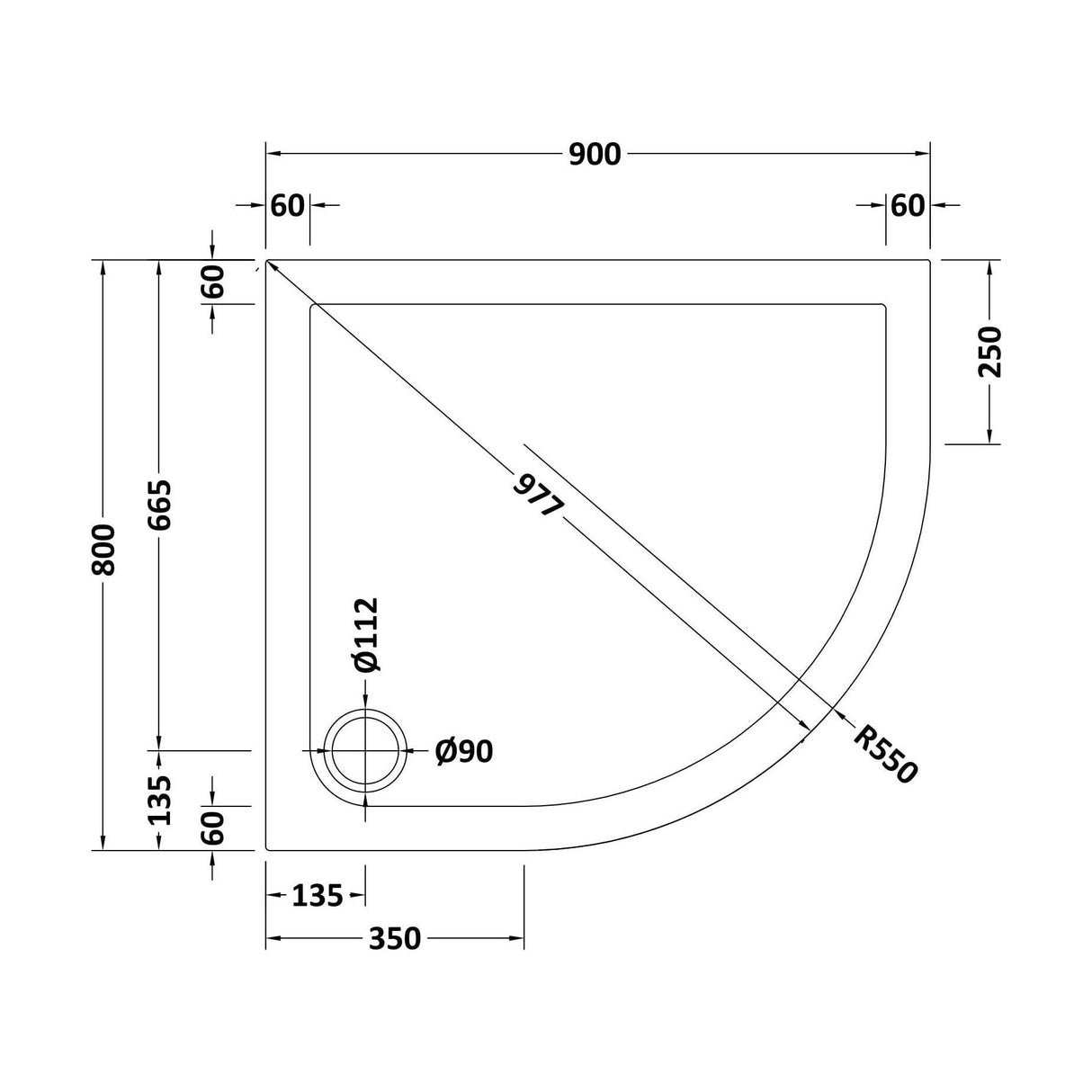 [BETR71104] Balterley Shower Tray Modern Offset Quadrant Shower Tray, Left or Right Hand - Choice of Size and Finish - Technical Drawing