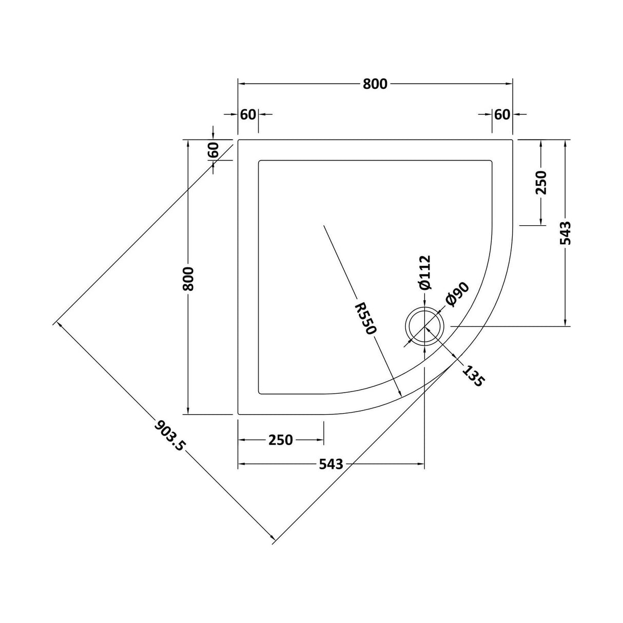 [BETR71105] Balterley Shower Tray Quadrant, 40mm Profile Design - Choice of Size and Colour - Technical Drawing