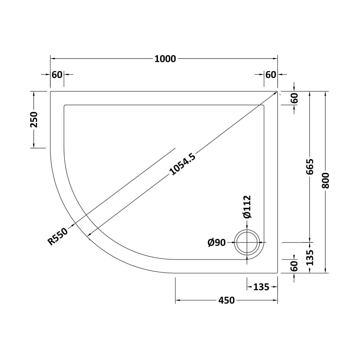 [BETR71108] Balterley Shower Tray Modern Offset Quadrant Shower Tray, Left or Right Hand - Choice of Size and Finish - Technical Drawing