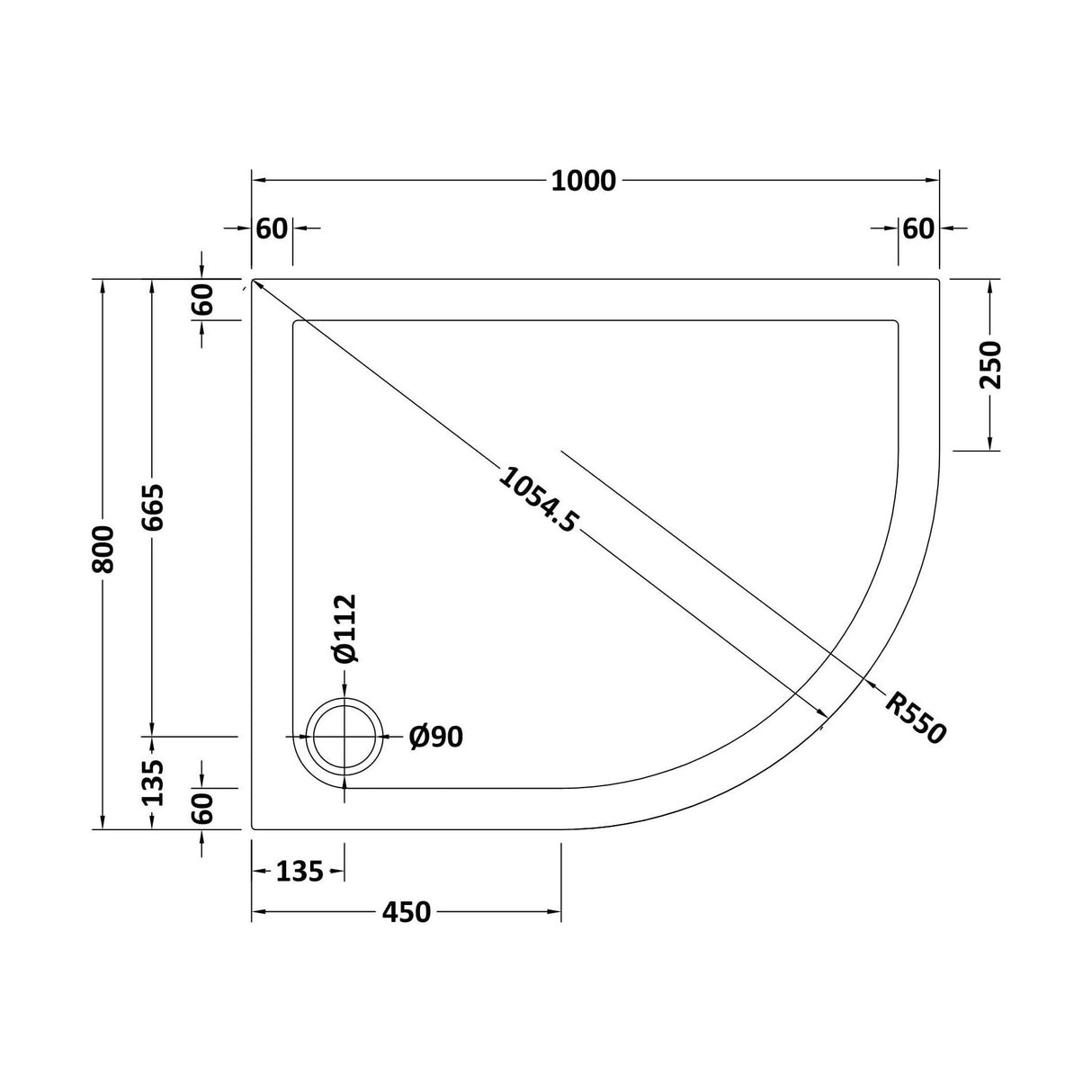 [BETR71109] Balterley Shower Tray Modern Offset Quadrant Shower Tray, Left or Right Hand - Choice of Size and Finish - Technical Drawing
