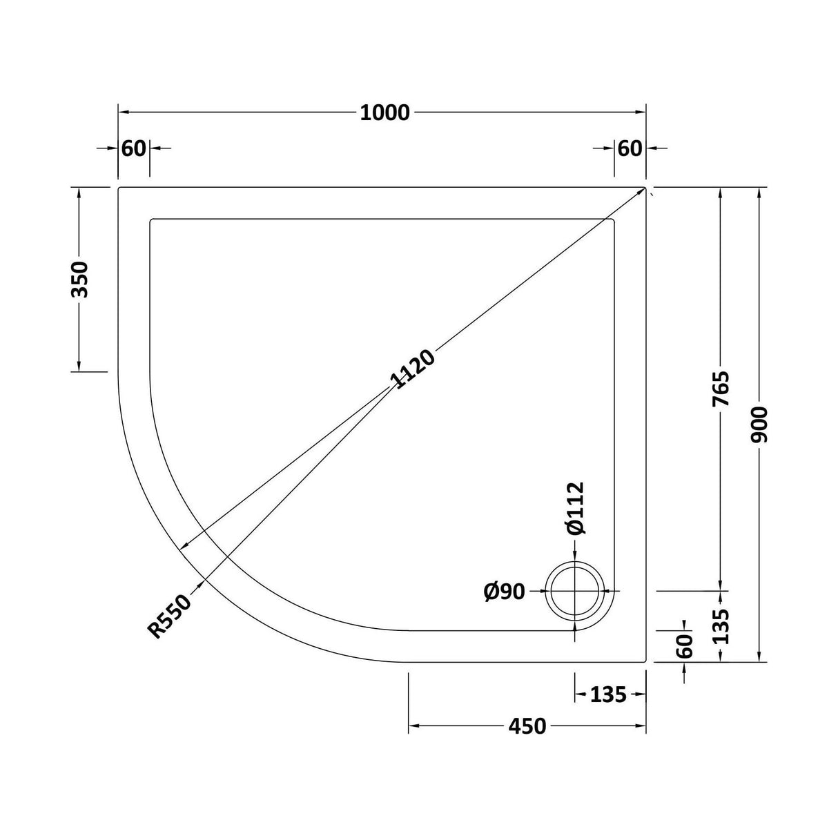 [BETR71110] Balterley Shower Tray Modern Offset Quadrant Shower Tray, Left or Right Hand - Choice of Size and Finish - Technical Drawing