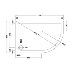 [BETR71113] Balterley Shower Tray Modern Offset Quadrant Shower Tray, Left or Right Hand - Choice of Size and Finish - Technical Drawing
