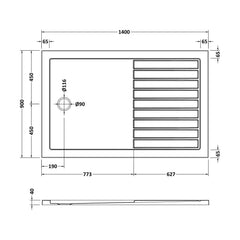 [BETR711490] Premium Walk-In Shower Tray 1400mm x 900mm - Slate Grey - Technical Drawing
