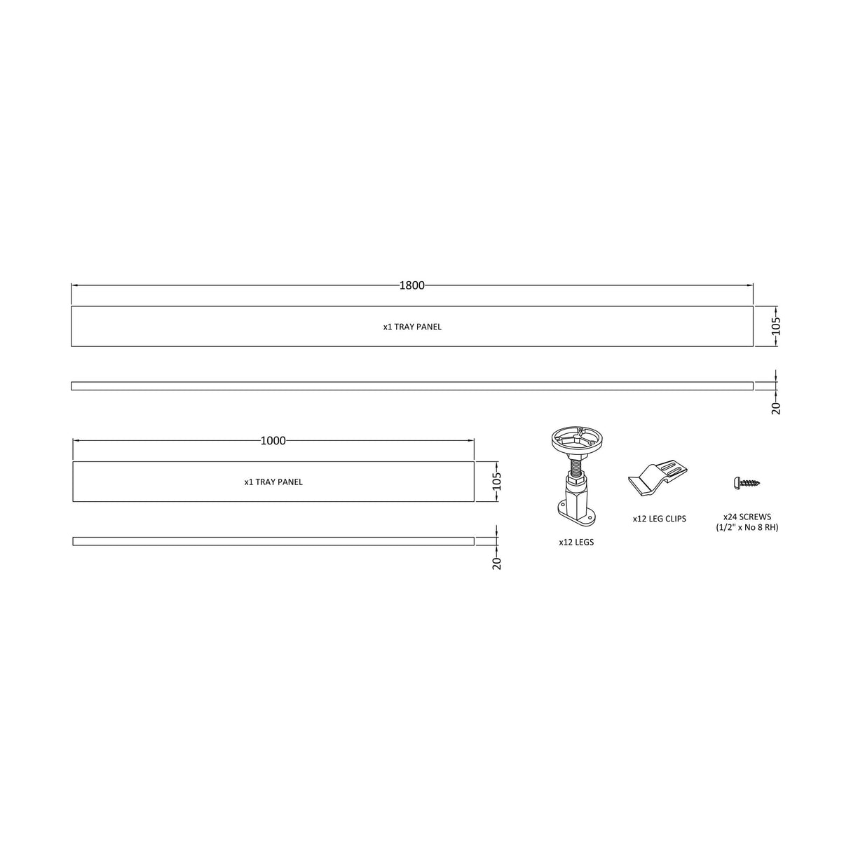 [BETRLEGC] Shower Tray Leg Set & Plinth Kit - White - 1800mm & 1000mm Panel - Technical Drawing