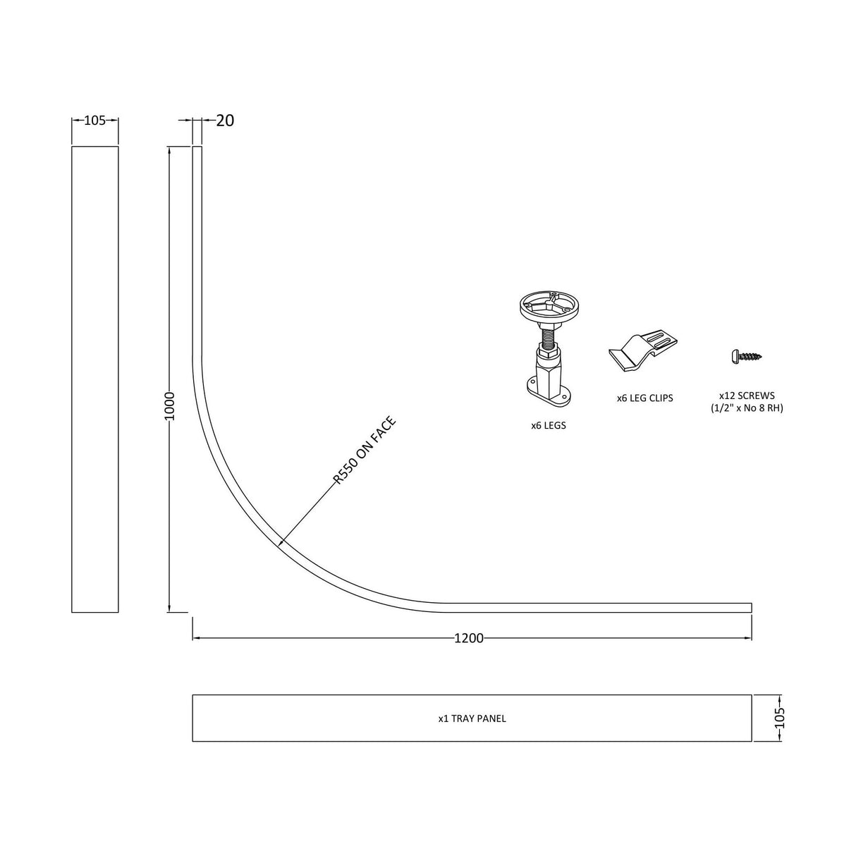 [BETRLEGE] Shower Tray Leg Set & Plinth Kit - White - 1000mm x 1000mm Panel - Technical Drawing