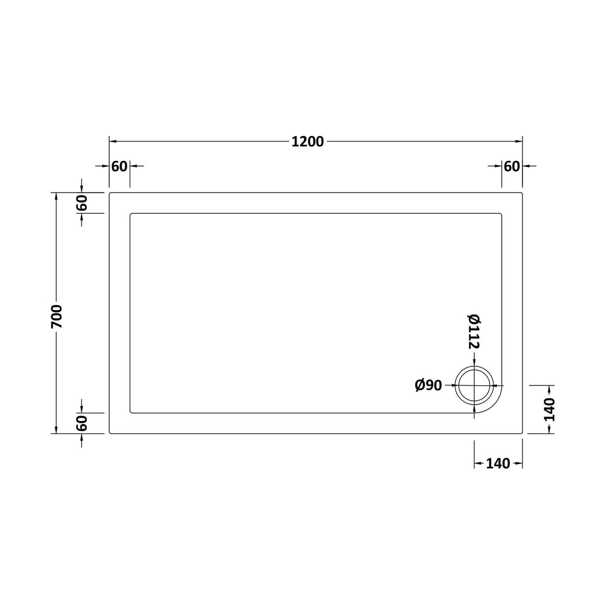 [BETSR011] Slip Resistant Slimline Rectangular Shower Tray - Choice of Size - Technical Drawing