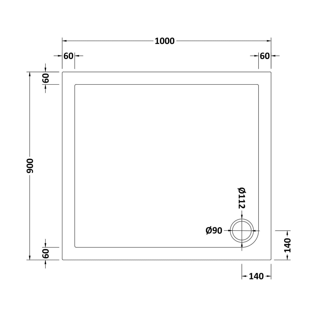 [BETSR014] Slip Resistant Slimline Rectangular Shower Tray - Choice of Size - Technical Drawing