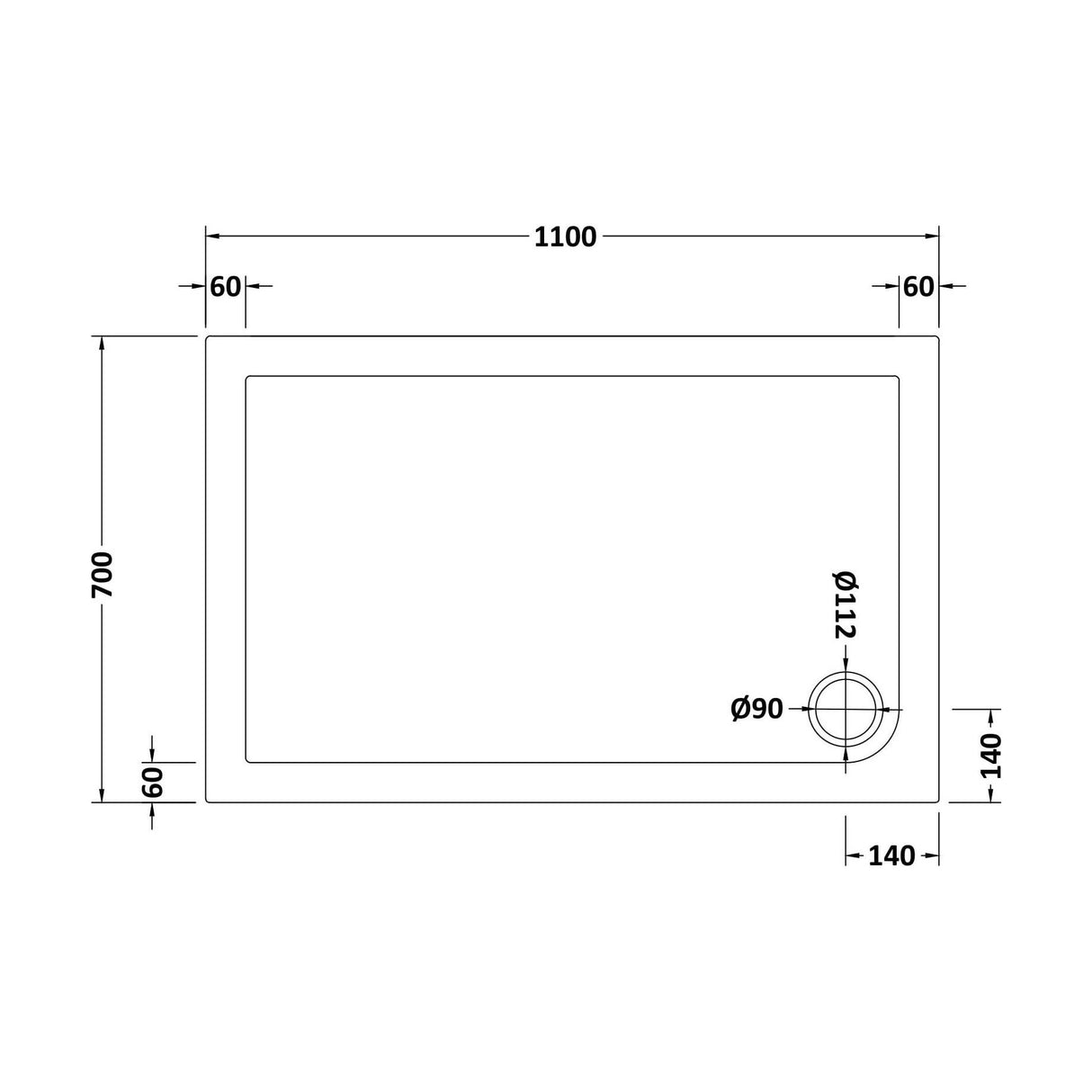 [BETSR016] Slip Resistant Slimline Rectangular Shower Tray - Choice of Size - Technical Drawing