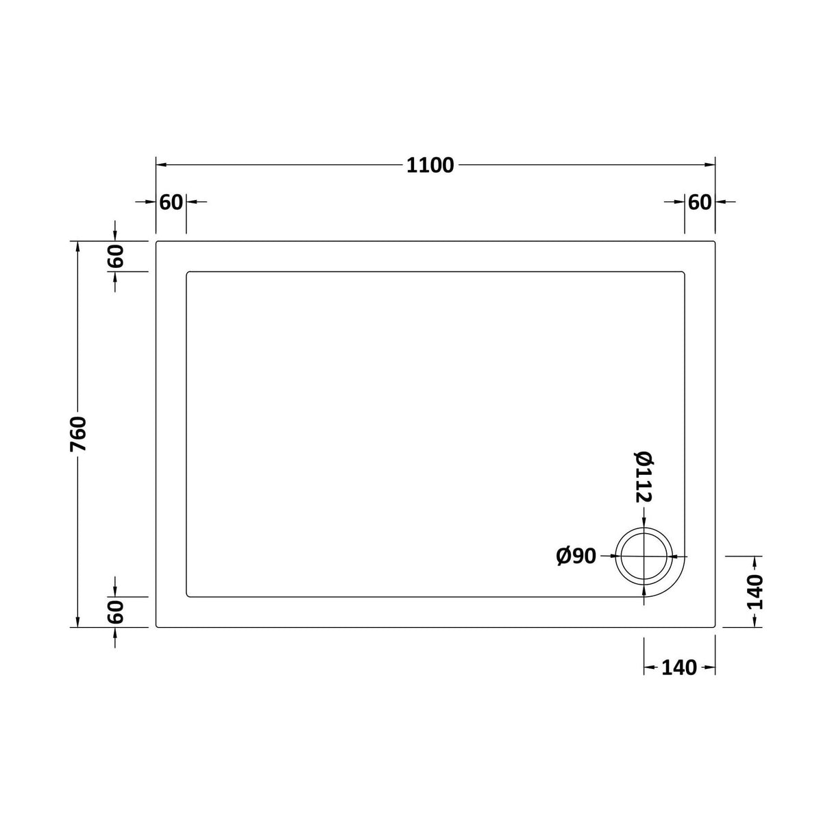 [BETSR017] Slip Resistant Slimline Rectangular Shower Tray - Choice of Size - Technical Drawing