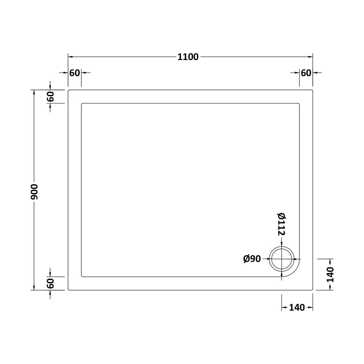 [BETSR019] Slip Resistant Slimline Rectangular Shower Tray - Choice of Size - Technical Drawing