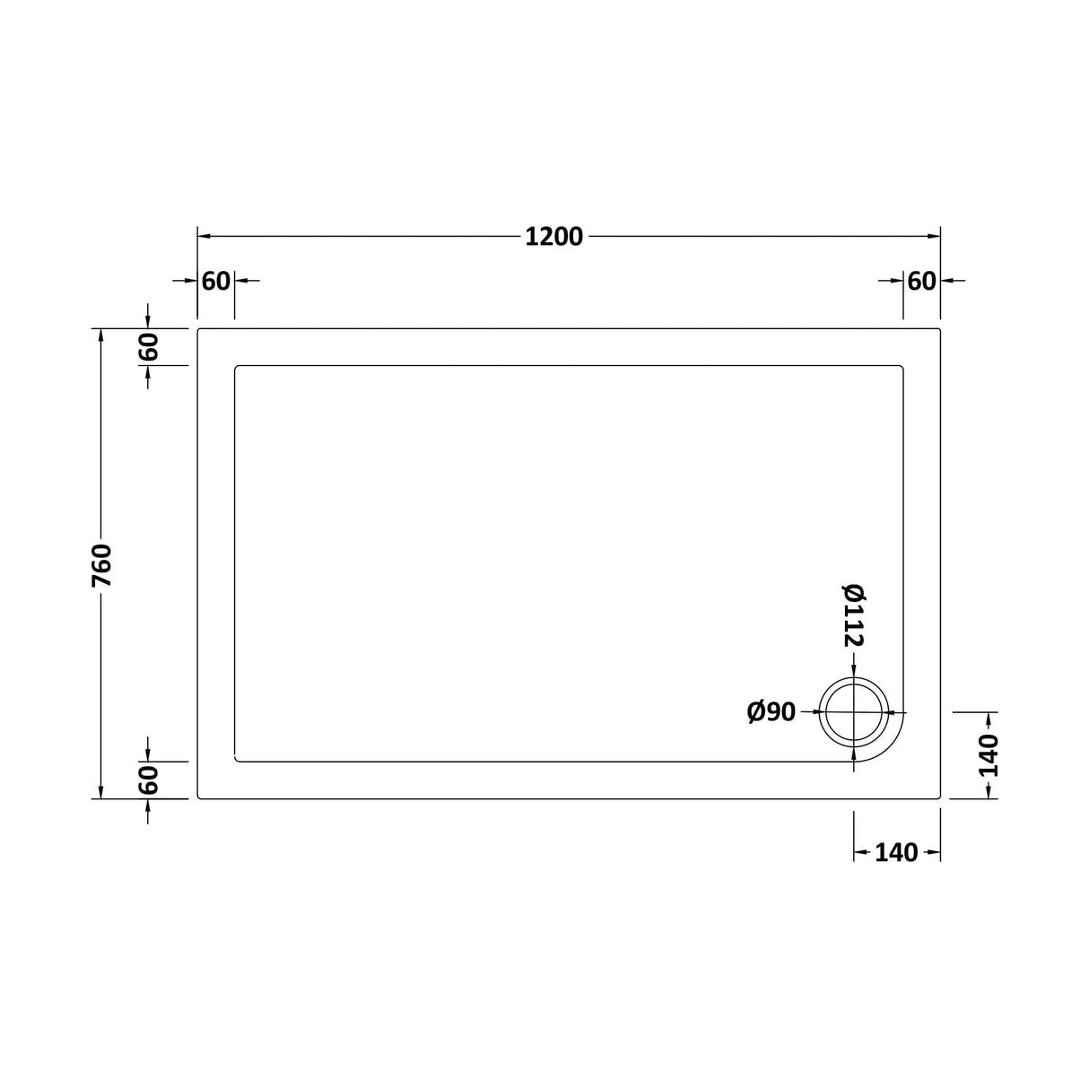 [BETSR022] Slip Resistant Slimline Rectangular Shower Tray - Choice of Size - Technical Drawing