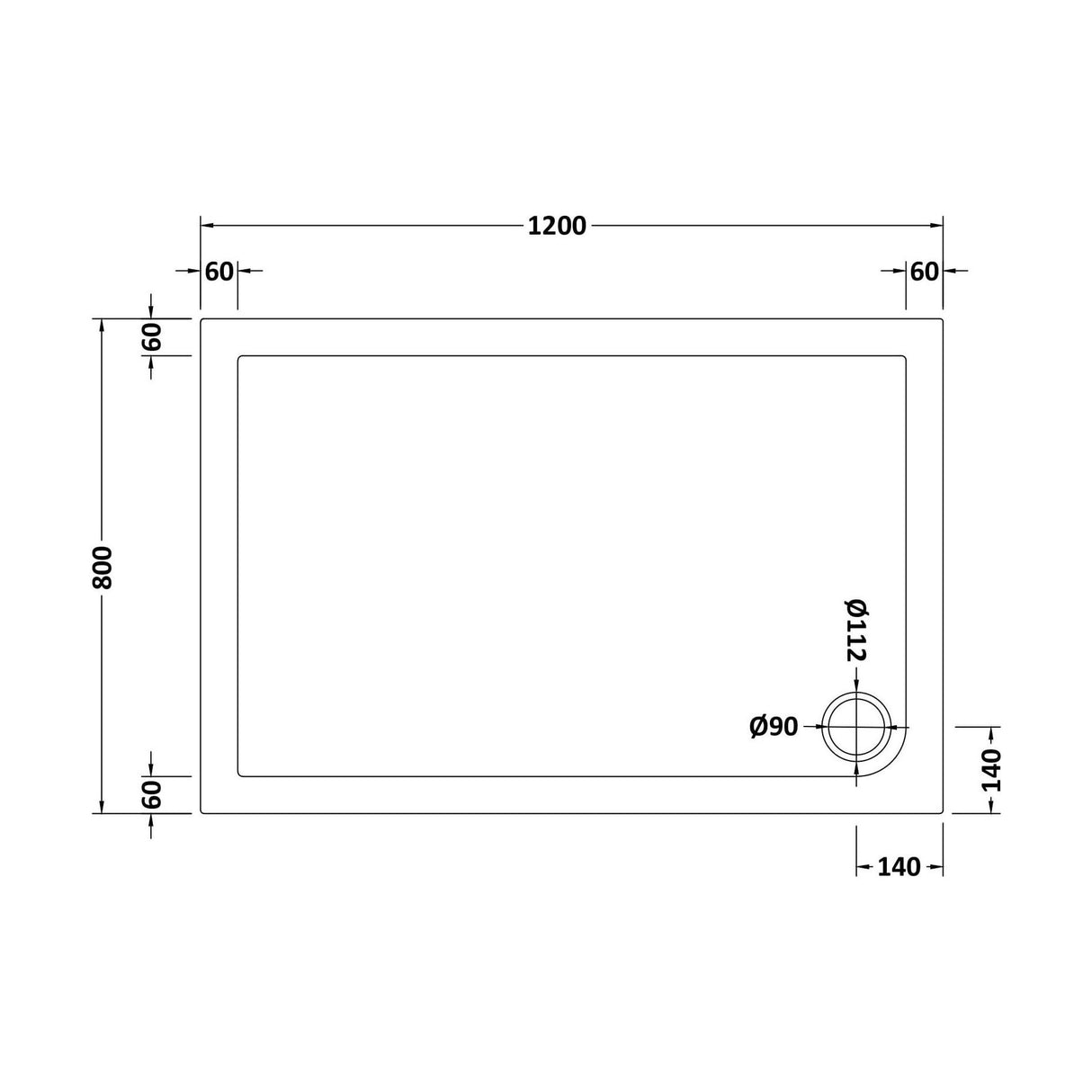 [BETSR023] Slip Resistant Slimline Rectangular Shower Tray - Choice of Size - Technical Drawing