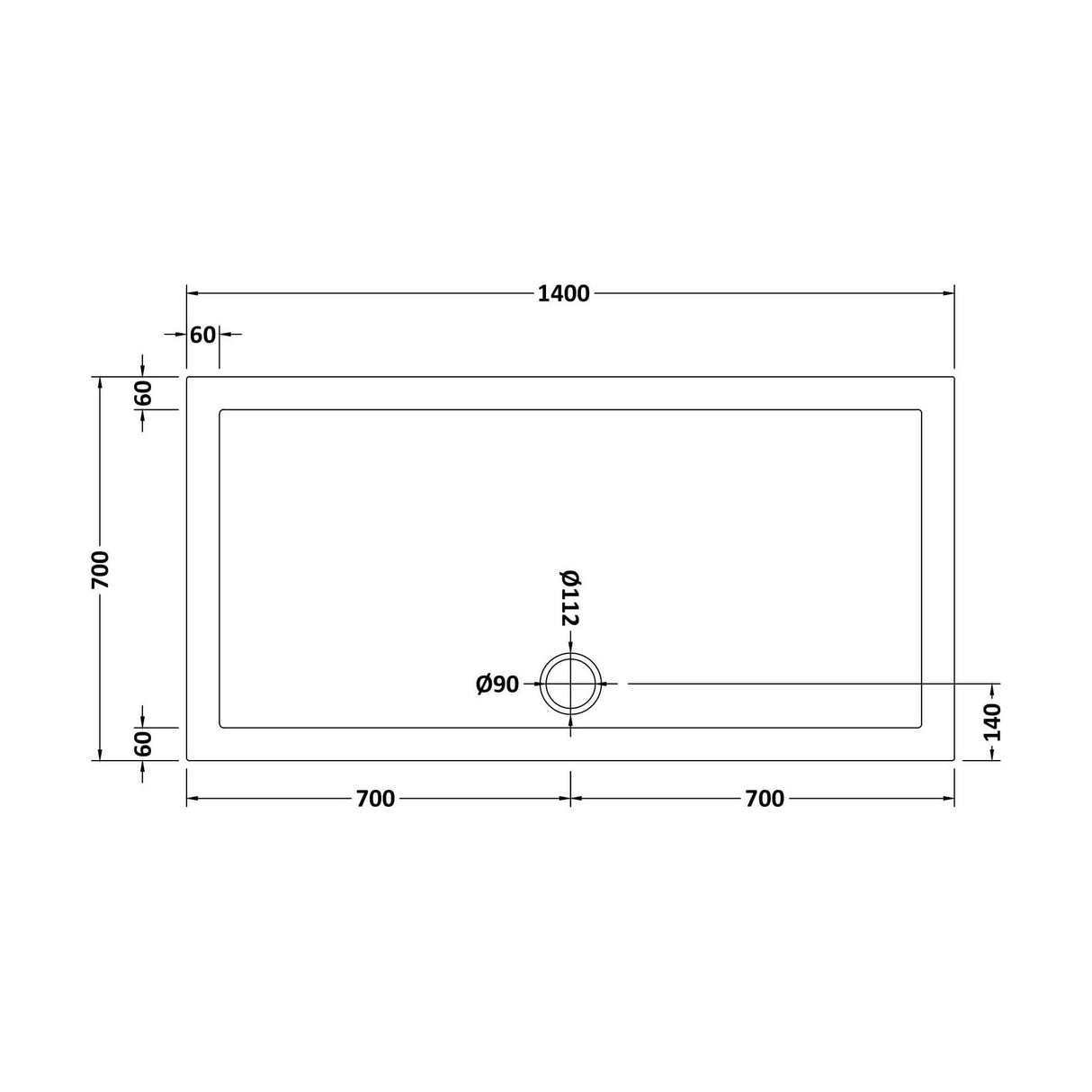 [BETSR031] Slip Resistant Slimline Rectangular Shower Tray - Choice of Size - Technical Drawing