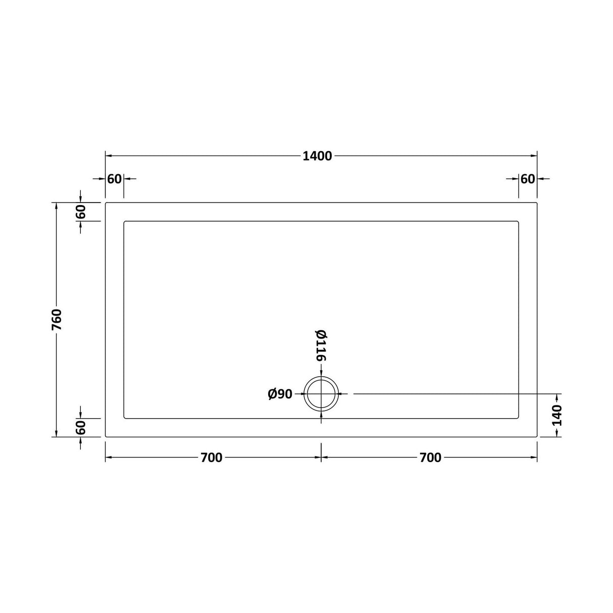 [BETSR032] Slip Resistant Slimline Rectangular Shower Tray - Choice of Size - Technical Drawing