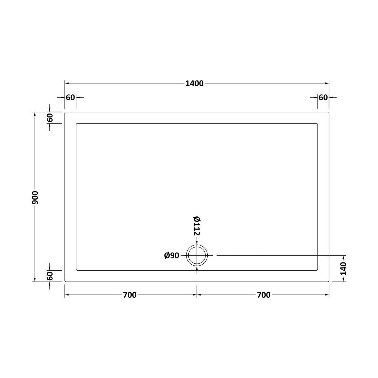 [BETSR034] Slip Resistant Slimline Rectangular Shower Tray - Choice of Size - Technical Drawing