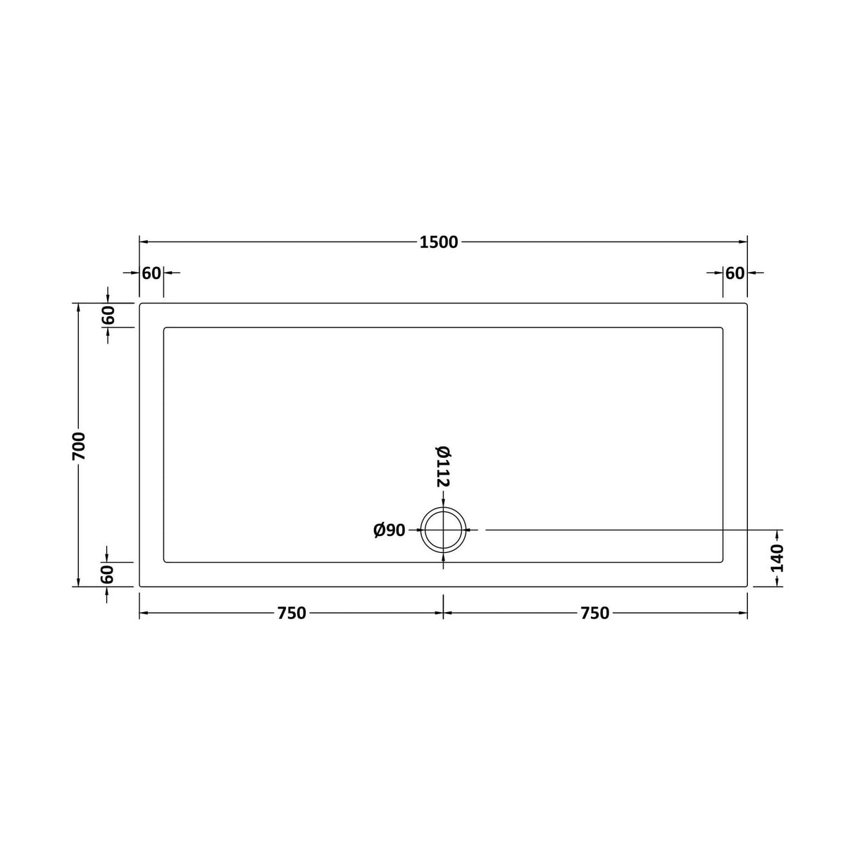 [BETSR041] Slip Resistant Slimline Rectangular Shower Tray - Choice of Size - Technical Drawing