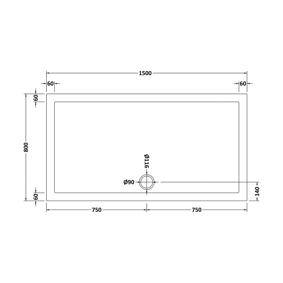 [BETSR043] Slip Resistant Slimline Rectangular Shower Tray - Choice of Size - Technical Drawing