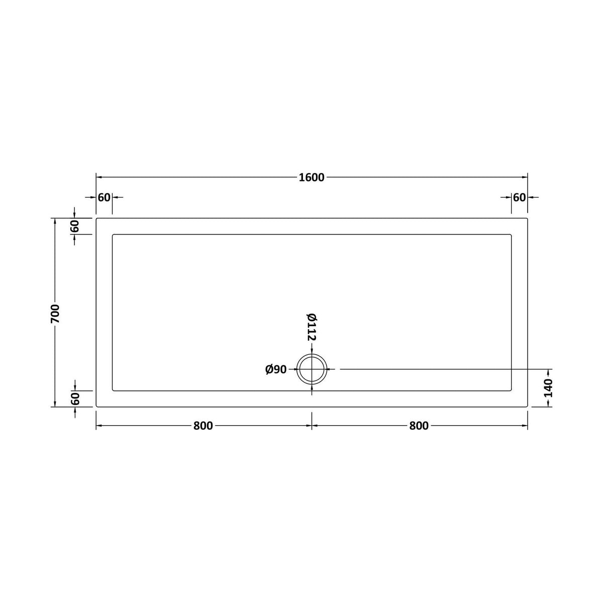 [BETSR051] Slip Resistant Slimline Rectangular Shower Tray - Choice of Size - Technical Drawing