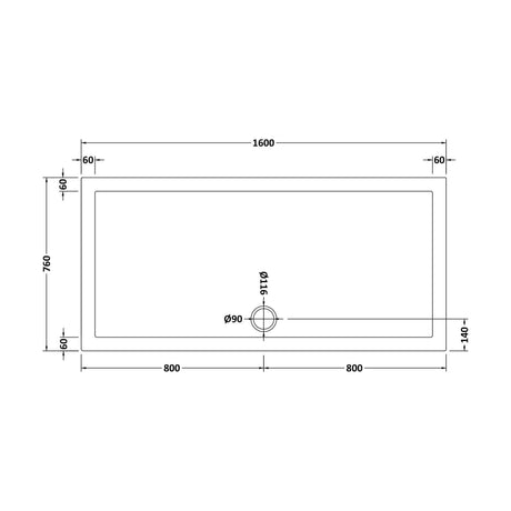 [BETSR052] 1600mm x 760mm Premium Slip Resistant Rectangular Shower Tray - White - Technical Drawing