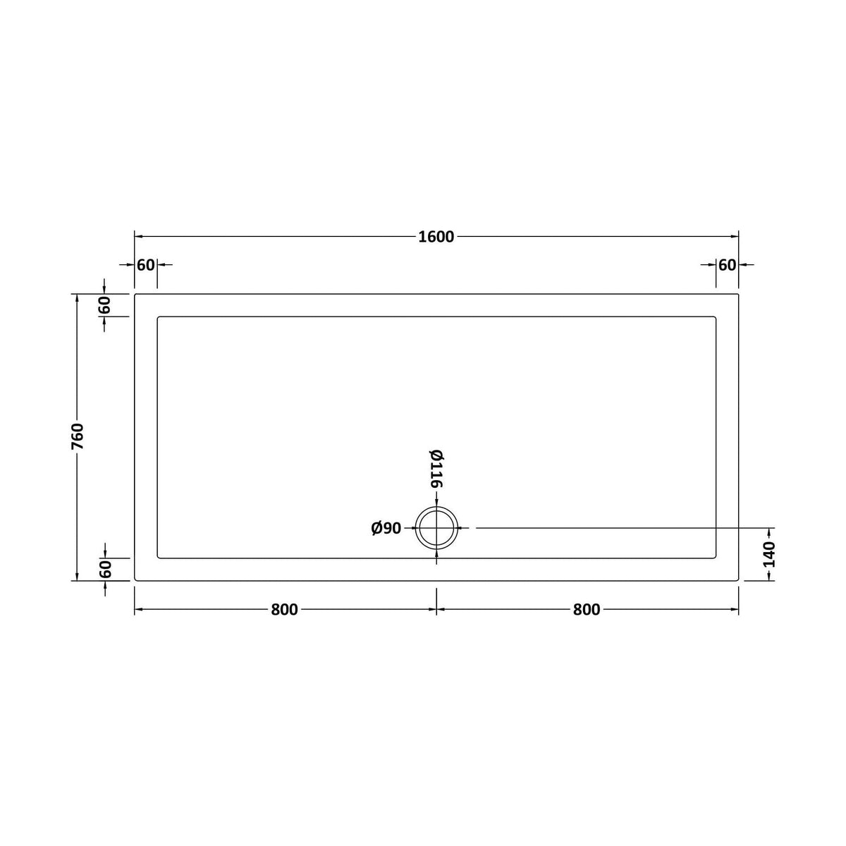 [BETSR052] Slip Resistant Slimline Rectangular Shower Tray - Choice of Size - Technical Drawing