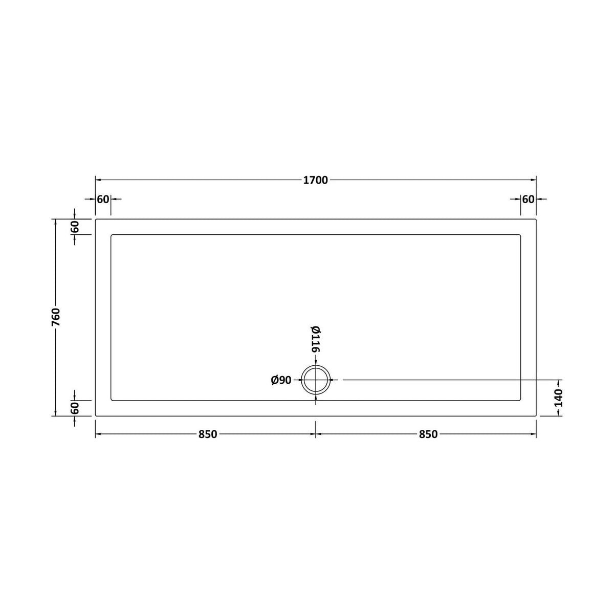 [BETSR062] Slip Resistant Slimline Rectangular Shower Tray - Choice of Size - Technical Drawing