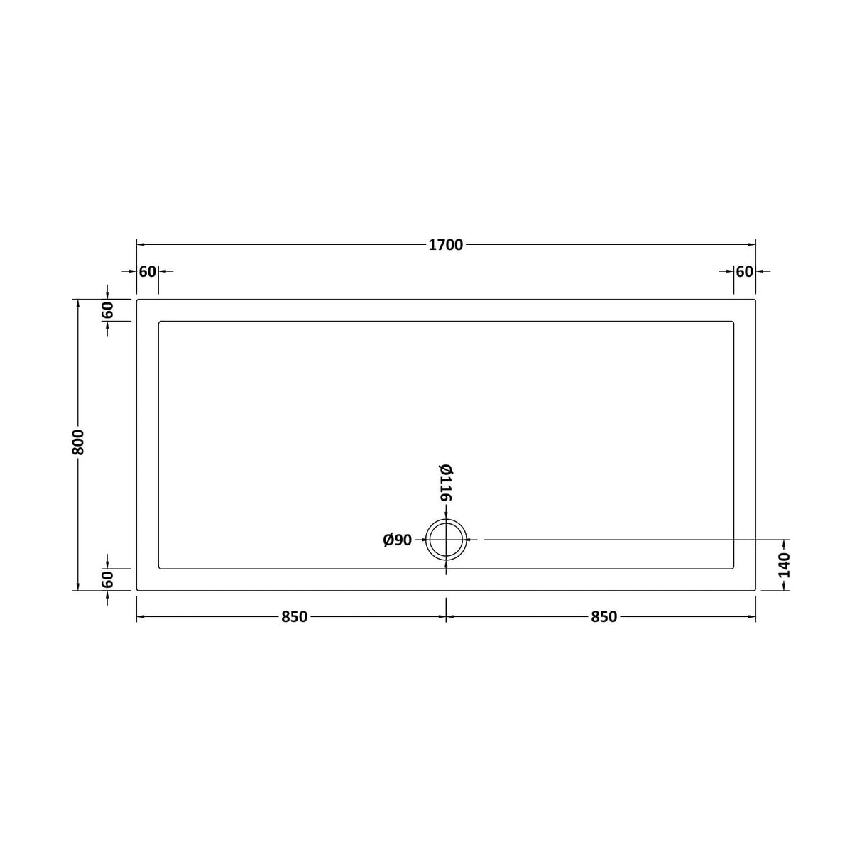 [BETSR063] Slip Resistant Slimline Rectangular Shower Tray - Choice of Size - Technical Drawing