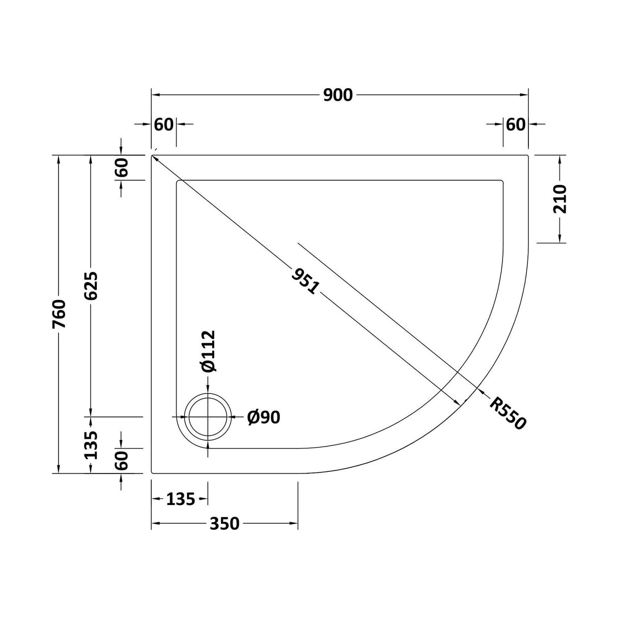 [BETSR102] Slip Resistant Slimline Offset Quadrant Shower Tray - Choice of Size and Orientation - Technical Drawing