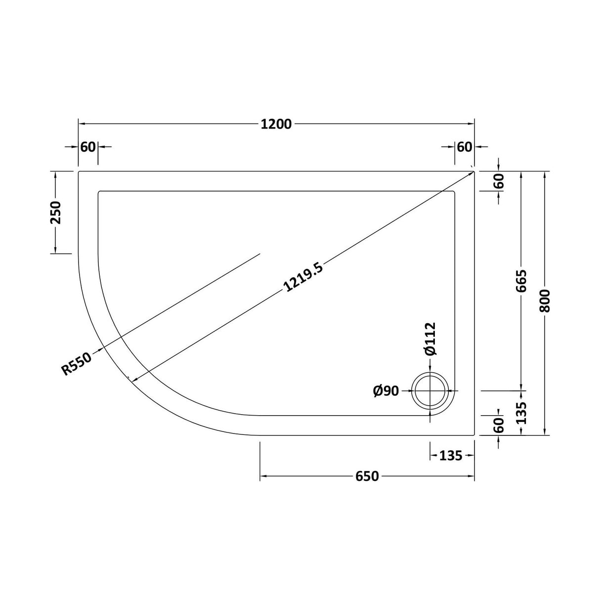 [BETSR112] Slip Resistant Slimline Offset Quadrant Shower Tray - Choice of Size and Orientation - Technical Drawing