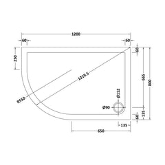 [BETSR112] Slip Resistant Slimline Offset Quadrant Shower Tray - Choice of Size and Orientation - Technical Drawing