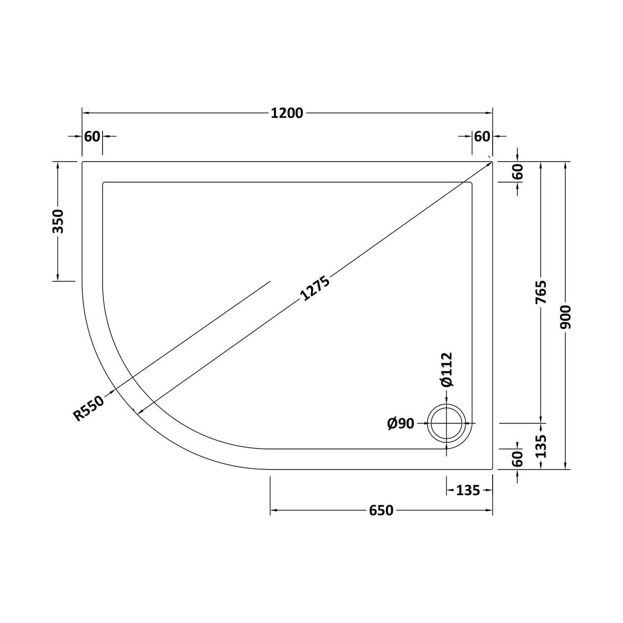 [BETSR114] Slip Resistant Slimline Offset Quadrant Shower Tray - Choice of Size and Orientation - Technical Drawing