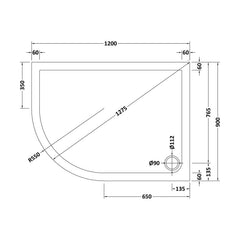 [BETSR114] Slip Resistant Slimline Offset Quadrant Shower Tray - Choice of Size and Orientation - Technical Drawing