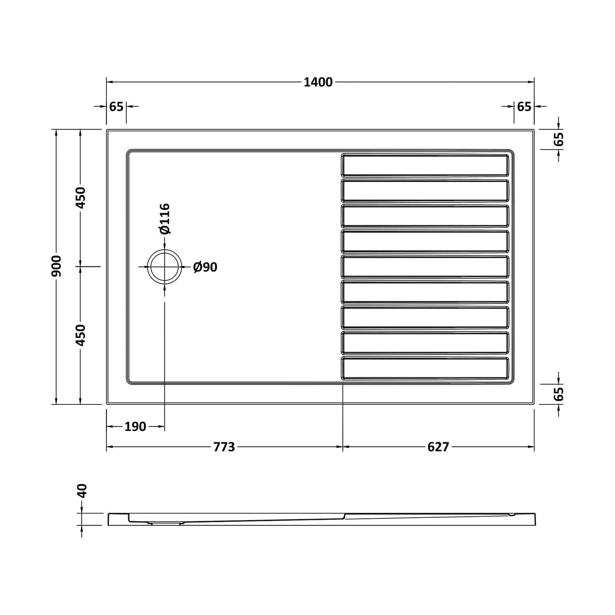 [BETSR1490] Balterley Walk-In Rectangular Shower Tray, Low Profile - Choice of Size - Technical Drawing