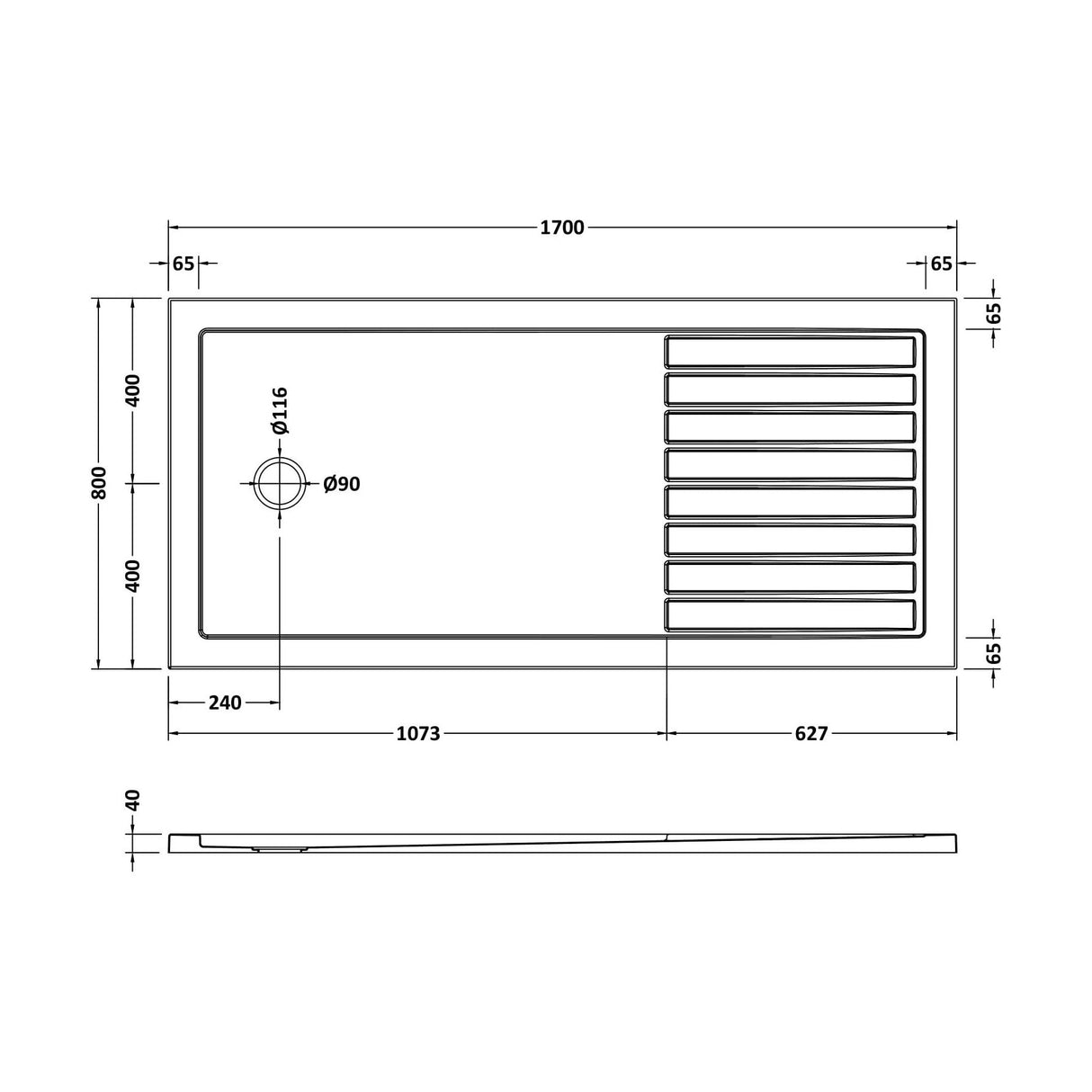 [BETSR1780] Balterley Walk-In Rectangular Shower Tray, Low Profile - Choice of Size - Technical Drawing