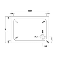 [BETTR91070] White Rectangular Stone Resin Premium Shower Tray with Corner Waste Position - Multiple Sizes Available - Technical Drawing