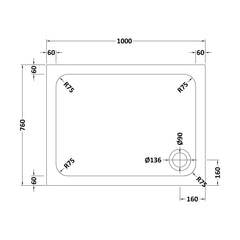 [BETTR91076] White Rectangular Stone Resin Premium Shower Tray with Corner Waste Position - Multiple Sizes Available - Technical Drawing