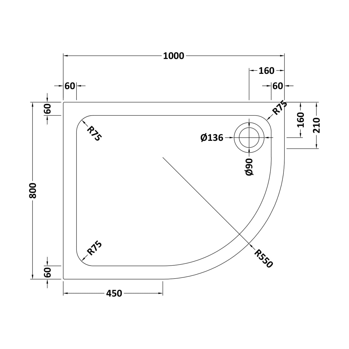 [BETTR91080QR] Bathroom Offset Quadrant Shower Tray - Choice of Size and Orientation - Technical Drawing