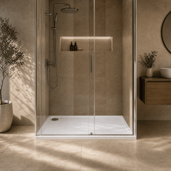[BETTR91080] White Rectangular Stone Resin Premium Shower Tray with Corner Waste Position - Multiple Sizes Available - Lifestyle 3