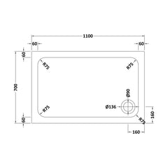 [BETTR91170] White Rectangular Stone Resin Premium Shower Tray with Corner Waste Position - Multiple Sizes Available - Technical Drawing