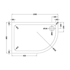 [BETTR91280QR] Bathroom Offset Quadrant Shower Tray - Choice of Size and Orientation - Technical Drawing