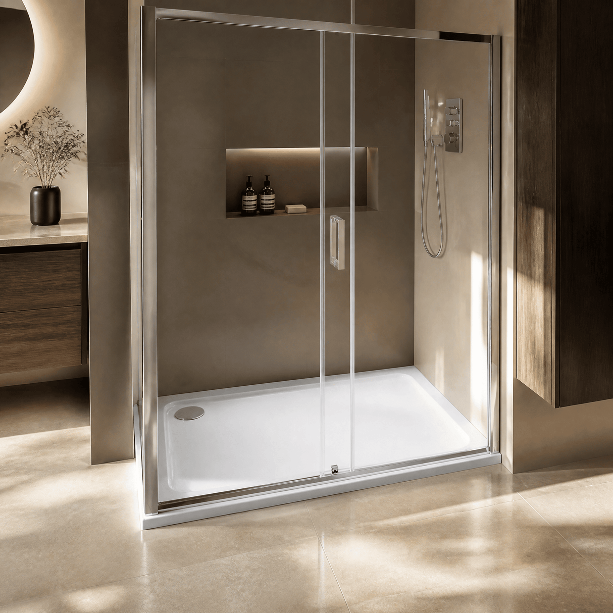 [BETTR91280] White Rectangular Stone Resin Premium Shower Tray with Corner Waste Position - Multiple Sizes Available - Lifestyle 2