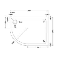 [BETTR91290QL] Bathroom Offset Quadrant Shower Tray - Choice of Size and Orientation - Technical Drawing