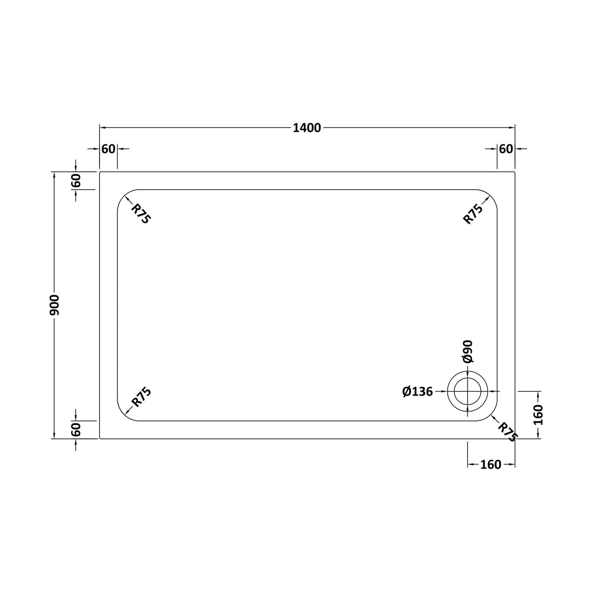 [BETTR91490] White Rectangular Stone Resin Premium Shower Tray with Corner Waste Position - Multiple Sizes Available - Technical Drawing