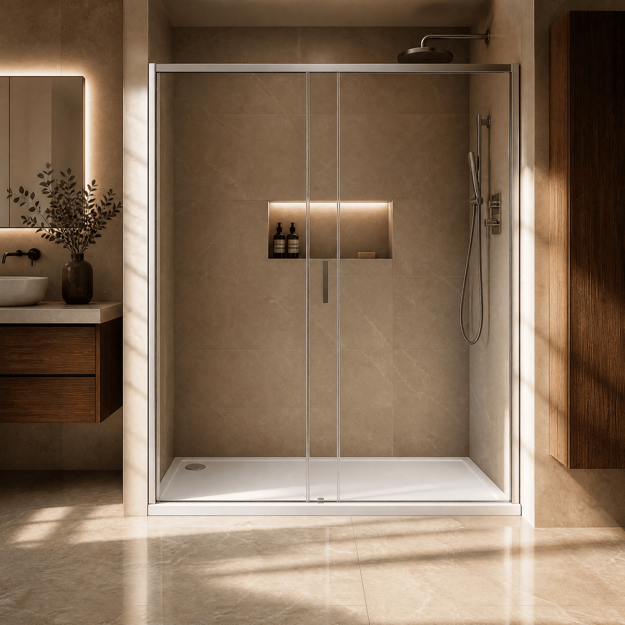 [BETTR91490] White Rectangular Stone Resin Premium Shower Tray with Corner Waste Position - Multiple Sizes Available - Lifestyle 3