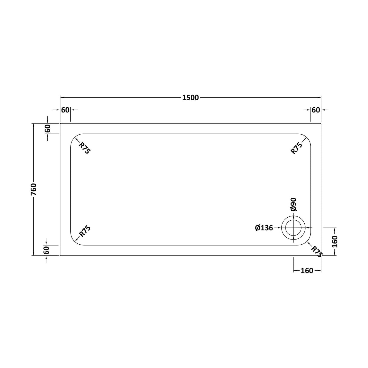 [BETTR91576] White Rectangular Stone Resin Premium Shower Tray with Corner Waste Position - Multiple Sizes Available - Technical Drawing