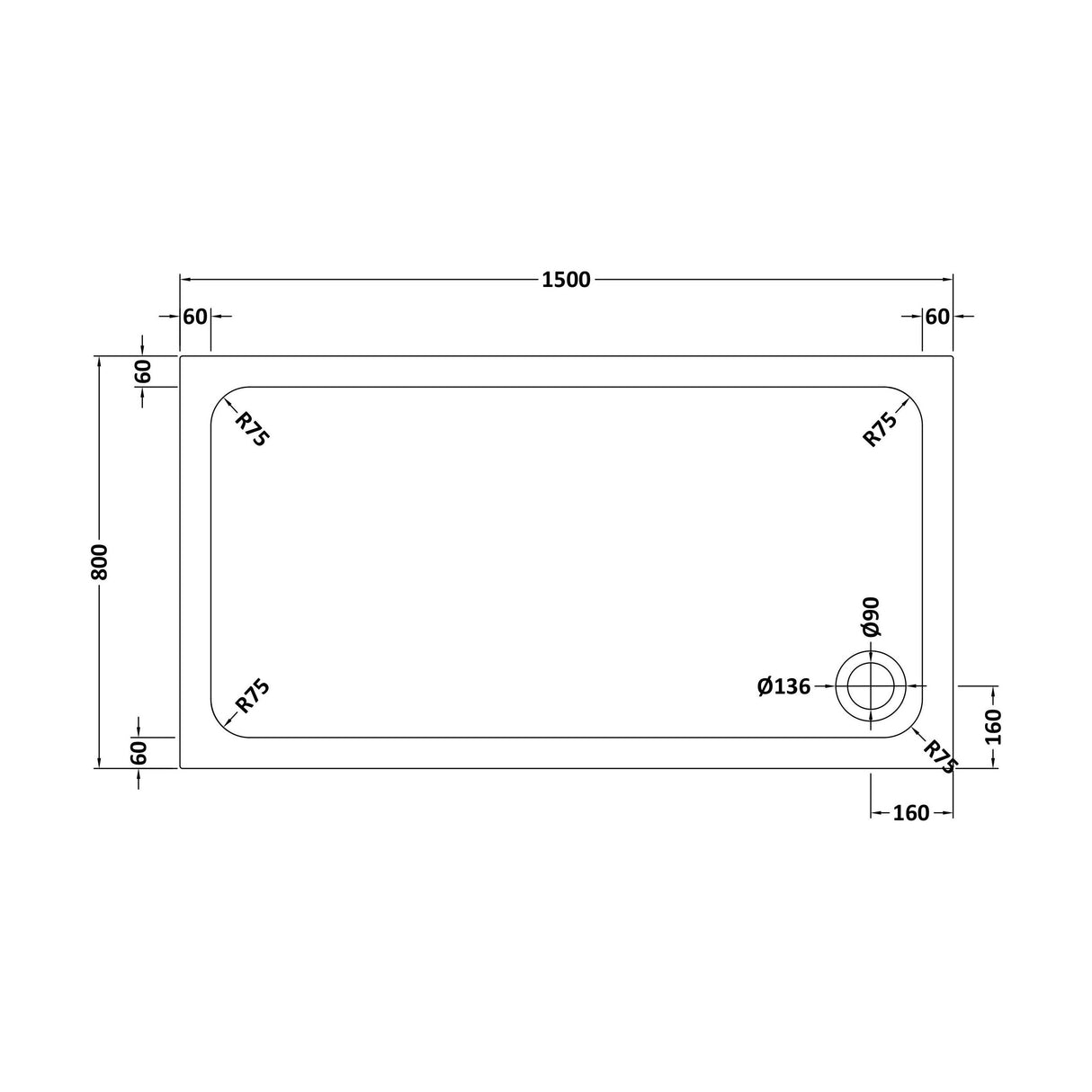 [BETTR91580] White Rectangular Stone Resin Premium Shower Tray with Corner Waste Position - Multiple Sizes Available - Technical Drawing