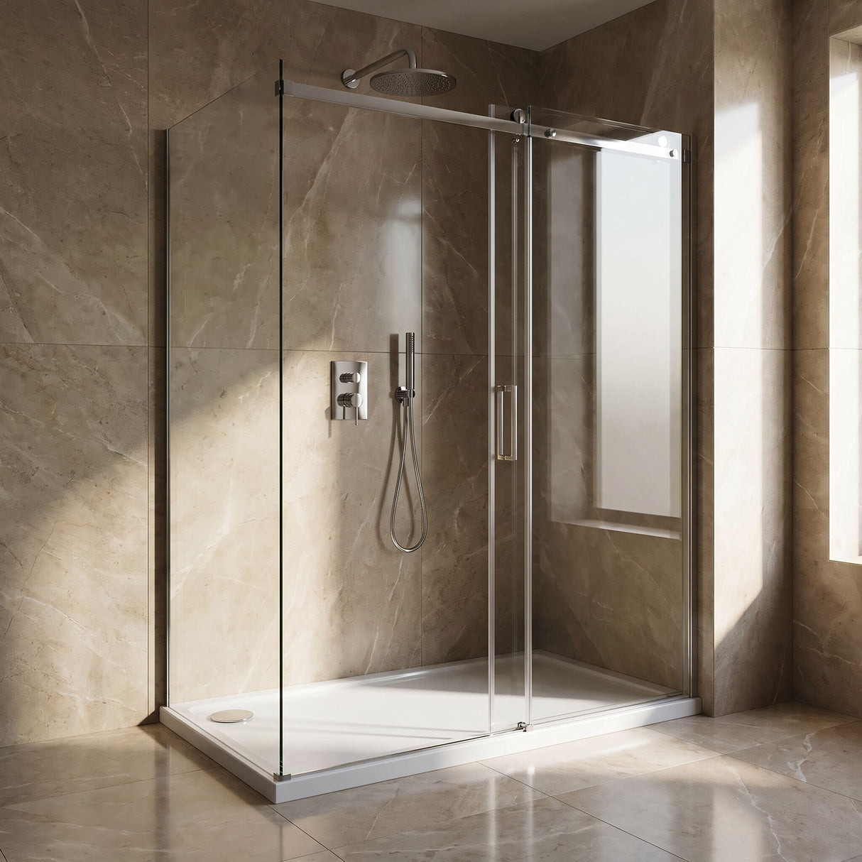 [BETTR91590] White Rectangular Stone Resin Premium Shower Tray with Corner Waste Position - Multiple Sizes Available - Lifestyle 1