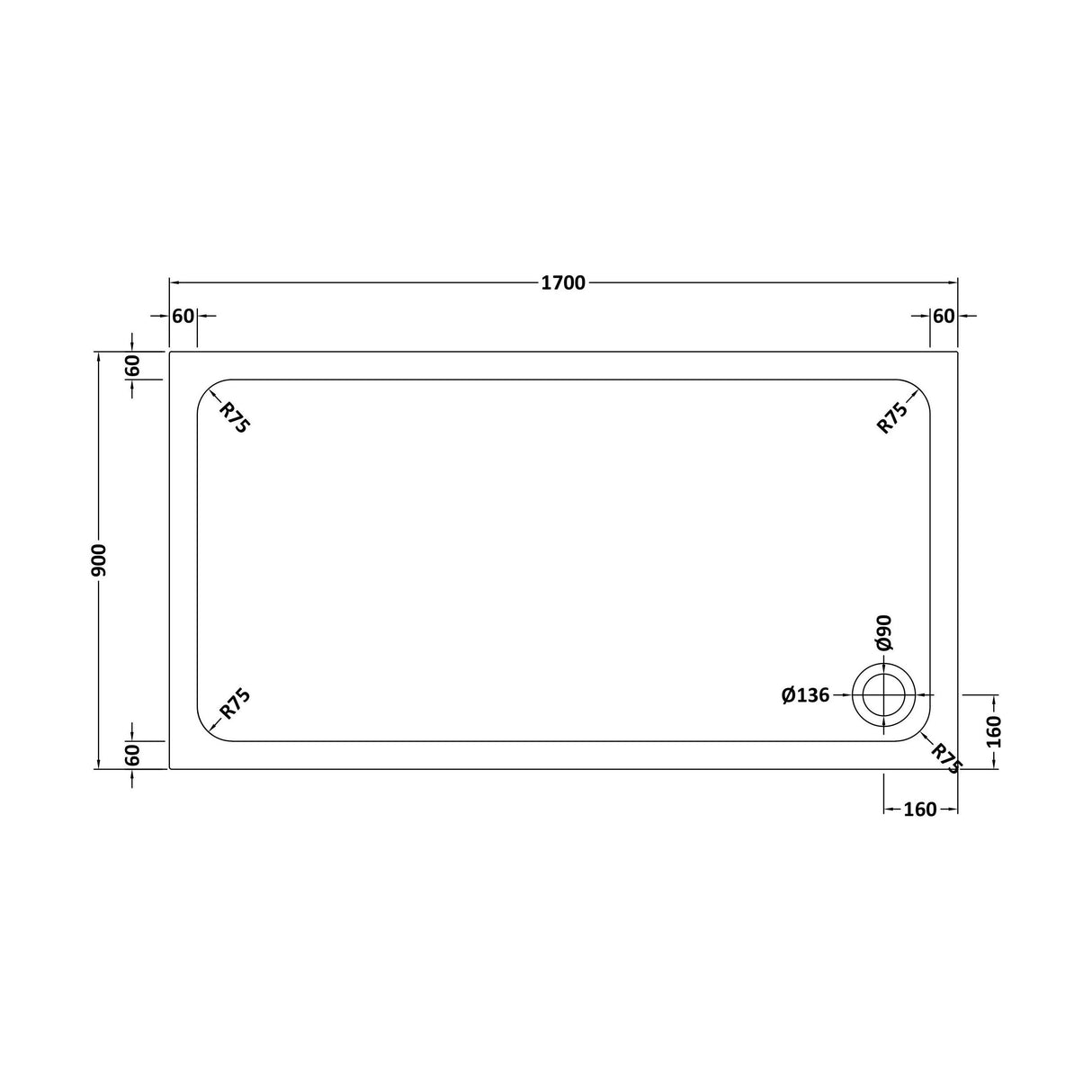 [BETTR91790] White Rectangular Stone Resin Premium Shower Tray with Corner Waste Position - Multiple Sizes Available - Technical Drawing
