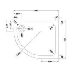 [BETTR99076QL] Bathroom Offset Quadrant Shower Tray - Choice of Size and Orientation - Technical Drawing