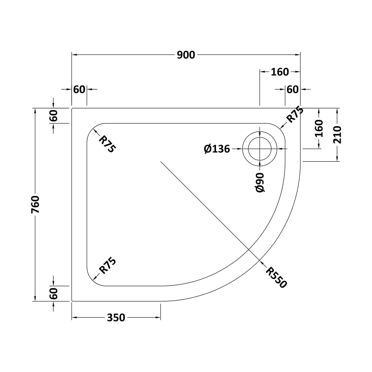 [BETTR99076QR] Bathroom Offset Quadrant Shower Tray - Choice of Size and Orientation - Technical Drawing