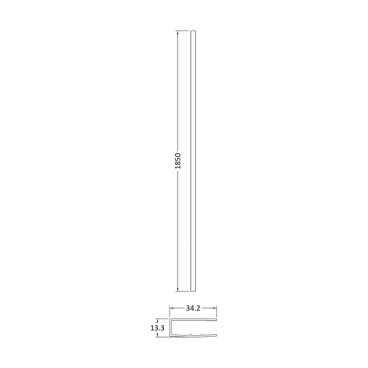 [BEWP009] Wetroom Wall Channel 1850mm Black - Technical Drawing